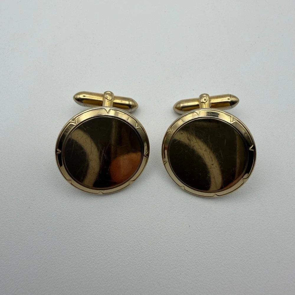 Swank Circular Cufflinks Mens Gold Tone Vintage‎ Notched Border Mid Century